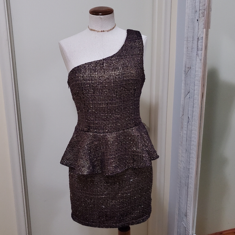 Kassety Metallic Knit Boucle One Shoulder Peplum Mini Sheath Dress Plum Gold